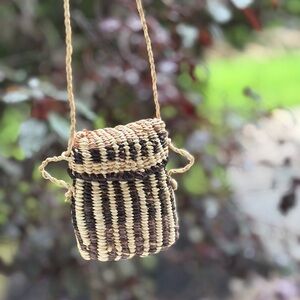 Vintage Straw Miniature Basket Necklace with Lid and Adjustable Straps